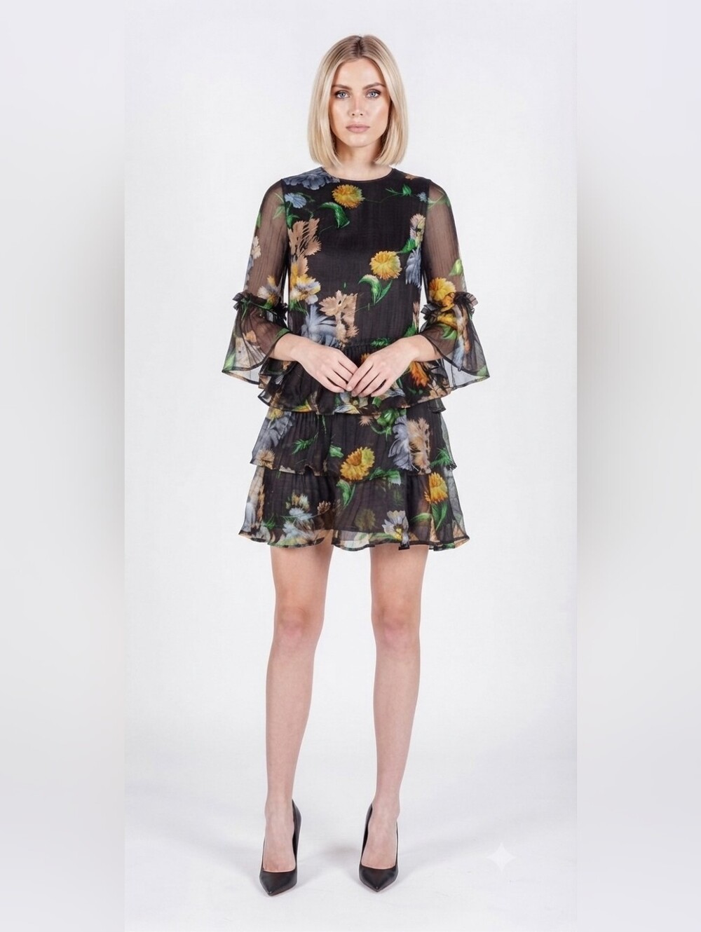 GANNI Louvre Chiffon Floral Ruffle Mini Dress Black Yellow Blue Sz 36 / US 4